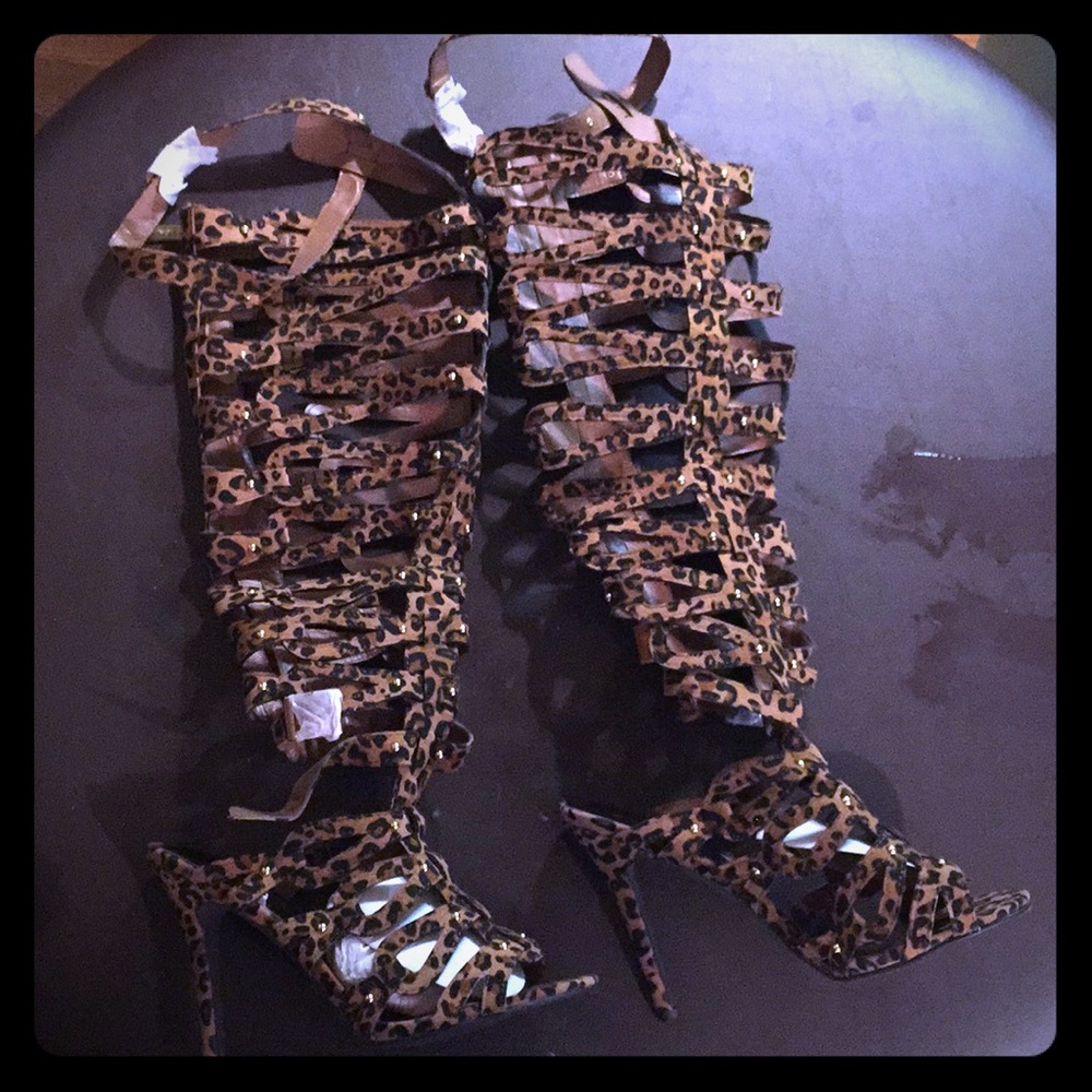 LEOPARD GLADIATORS ADJUSTABLE PLATFORM HIGH HEELS
